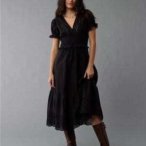 AE V-NeckPuff Sleeve Black Eyelet Midi Dress